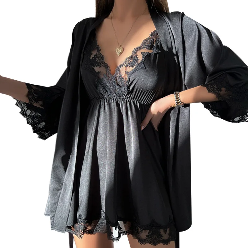 Pink Lace Robe Suit Women 2pcs Sleepwear Nightgown Loungewear Rayon Summer Kimono Bathrobe Gown Set Nightdress Homewear