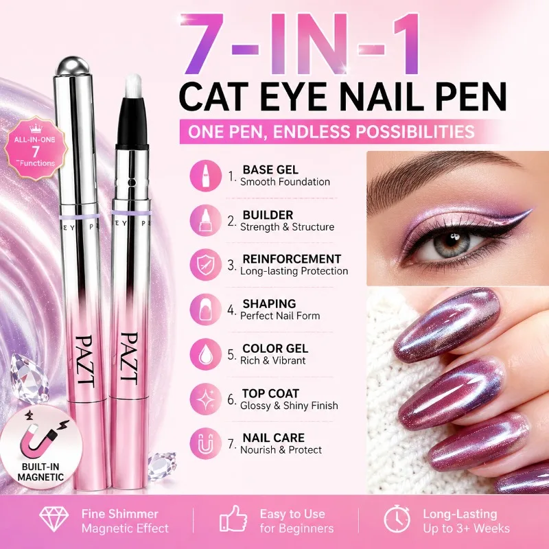 7-in-1 Multifunktionaler Katzenaugen-Nagelkunststift Magnetischer Gel-Nagellack mit Magnetperlen Nageldesign Anfängerwerkzeuge Tragbare Maniküre – Detail 3