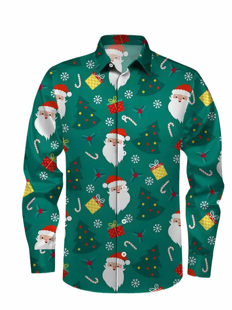 Camisa con estampado navideño de moda en 3D, camisa informal de manga larga para hombre, camisa de diseño callejero para otoño/invierno