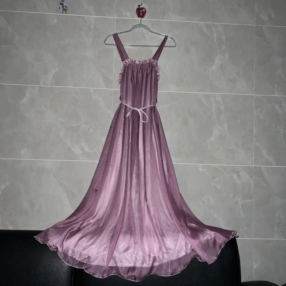 

Man's Sexy 2 Layers Voile Outside Ice Silk inside Silky Touch Soft Glossy Sissy Ruffled Suspender Long Dress Women Loose Dresses