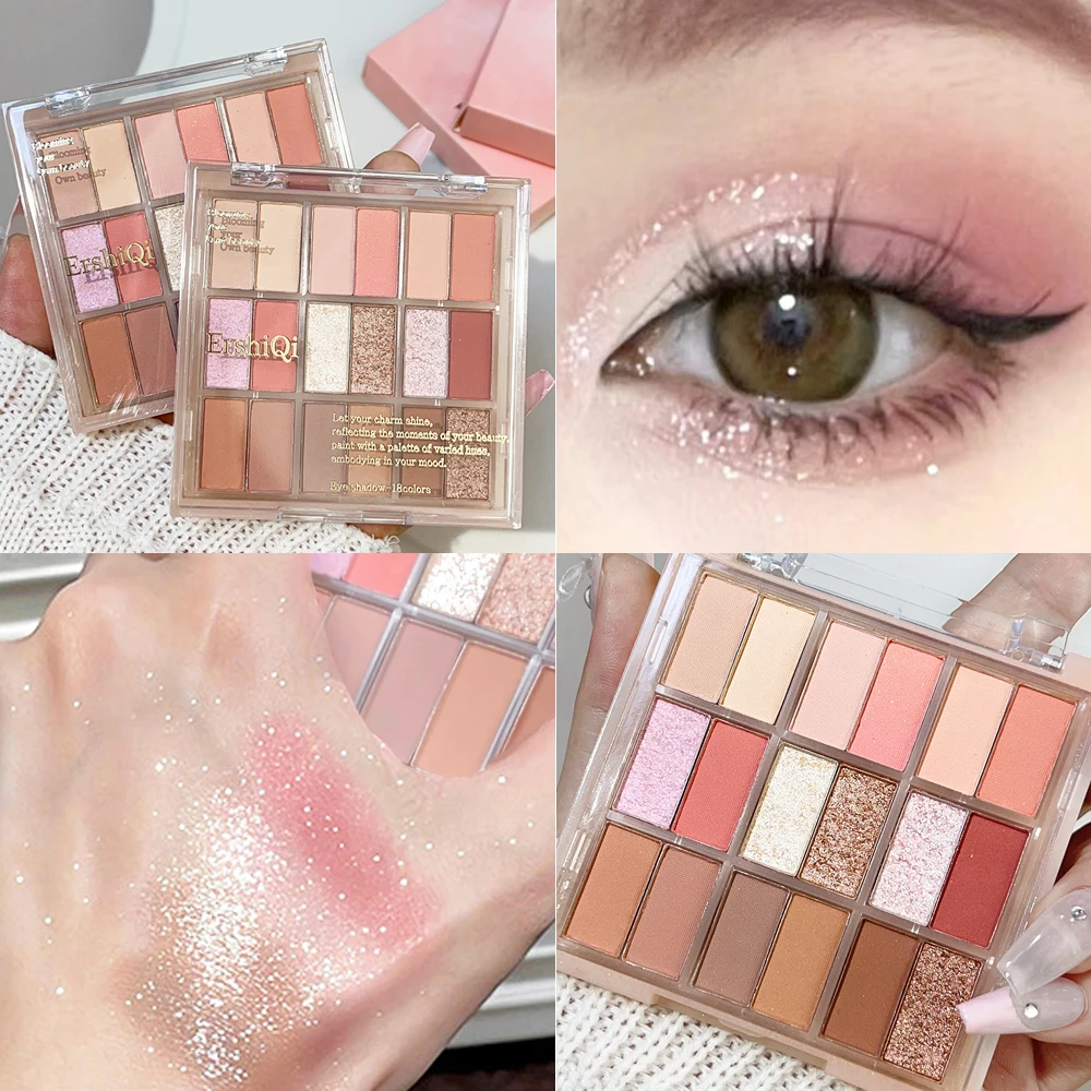 Paleta de sombras de ojos de 18 colores brillantes, brillo de larga duración, sombra de ojos nacarada, rosa, resistente al agua, aspecto coreano, maquillaje de ojos