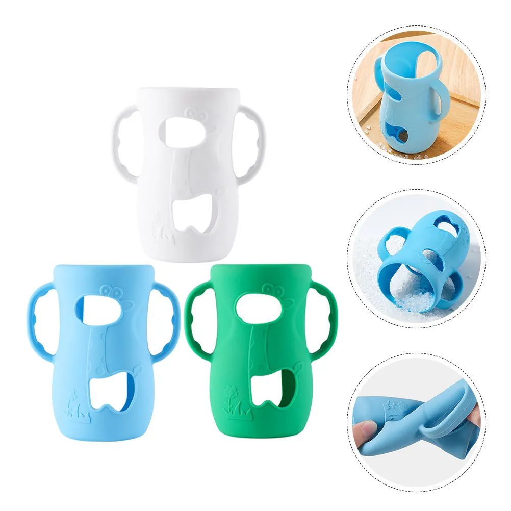 

3Pcs Silicone Baby Bottle Sleeve with Handles for Glass Bottles - Anti-Drop Protective Cover Easy Clean Bright Colors