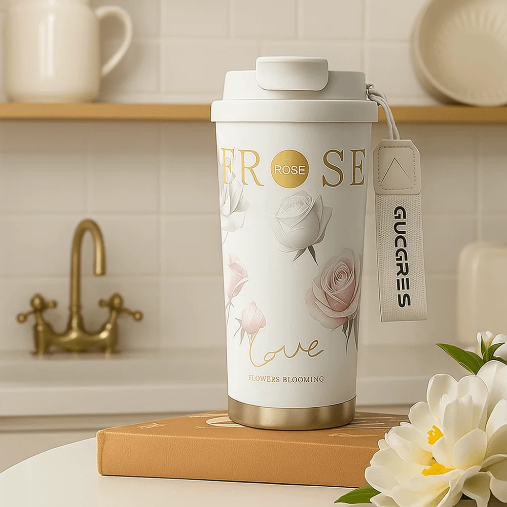 

Portable 500ML Thermo Coffee Mug Stainless Steel LeakProof Insulated Cup Ceramic Coating Flower Print Vacuum Cup Office Use