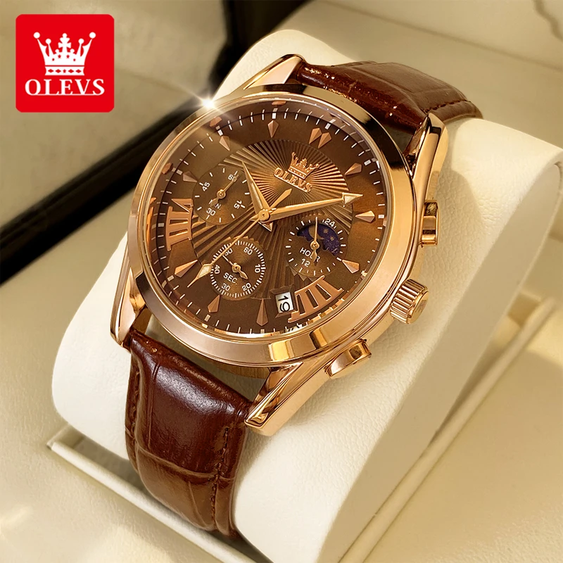 

OLEVS Original Genuine Leather Strap Quartz Men's Watches 24 Hour Moon Phase Chronograph Auto Date Waterproof Watch for Man 2876