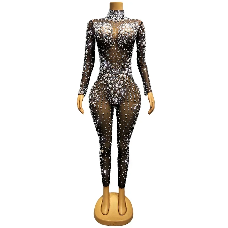 Big Pearls Outfit Crystals Transparent Jumpsuit Evening Birthday Celebrate Bodysuit Outfit Dancer Clothes