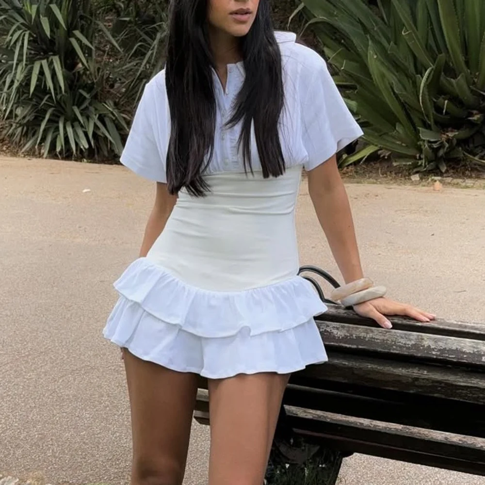 TWOTWINSTYLE Hit Color Slimming Mini Dresses for Women Lapel Short Sleeve Tunic Temperament Mini Dress Female Fashion