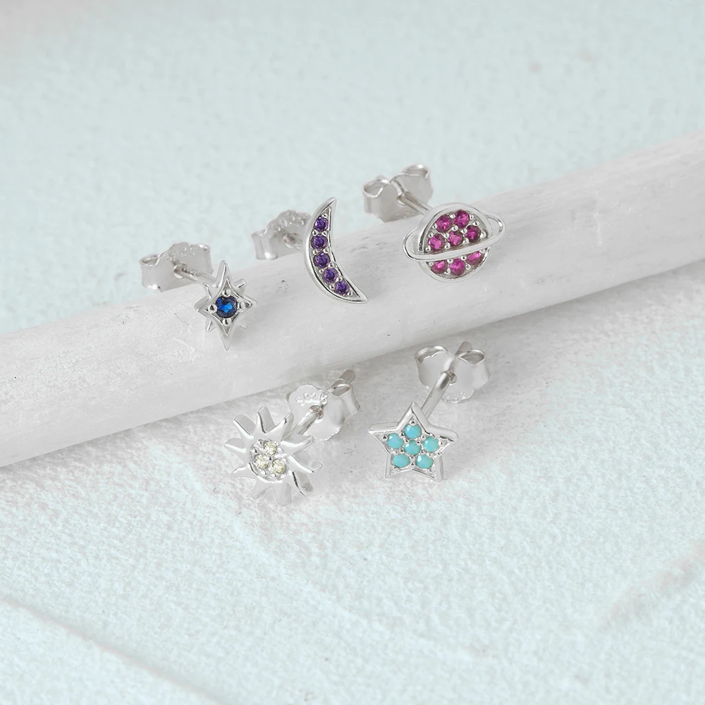 Aide 5pcs Set 925 Sterling Silver Star Moon Sun Colored Zircon 18K Gold Stud Earrings For Women ins Luxury Jewelry Gift