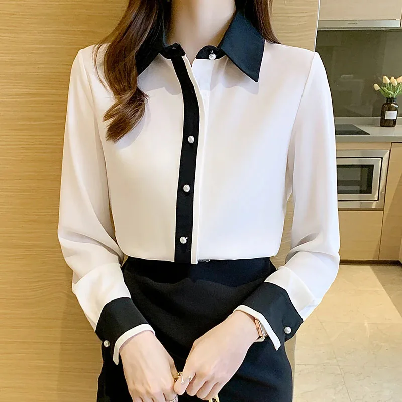 White Chiffon Shirt for Women Korean Chic Single-Breasted Contrast Lapel Office Lady Shirts Casual All-Match Occupation Blouse