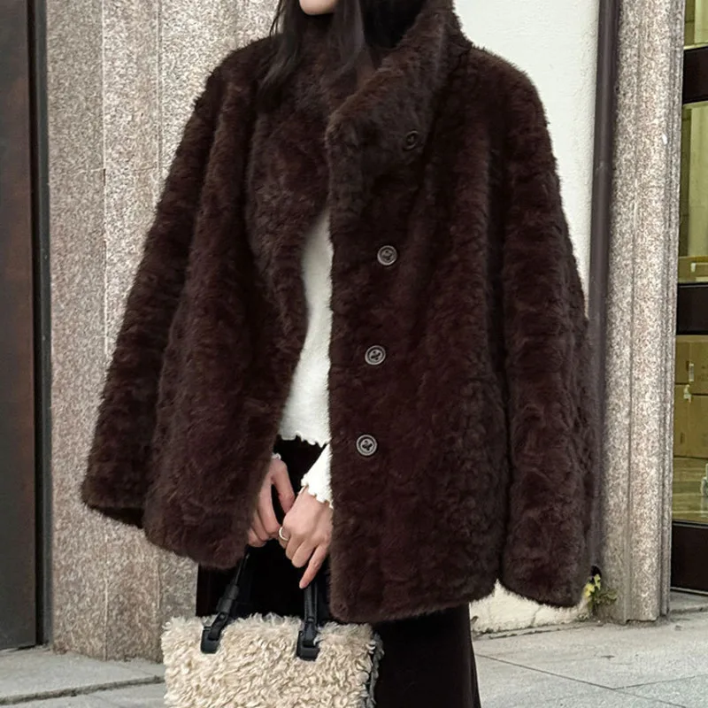 HKSH hiver nouvelles femmes fausse fourrure manteau col montant simple boutonnage polyvalent tendance luxe Chic élégant chaud épaissir veste HK17526