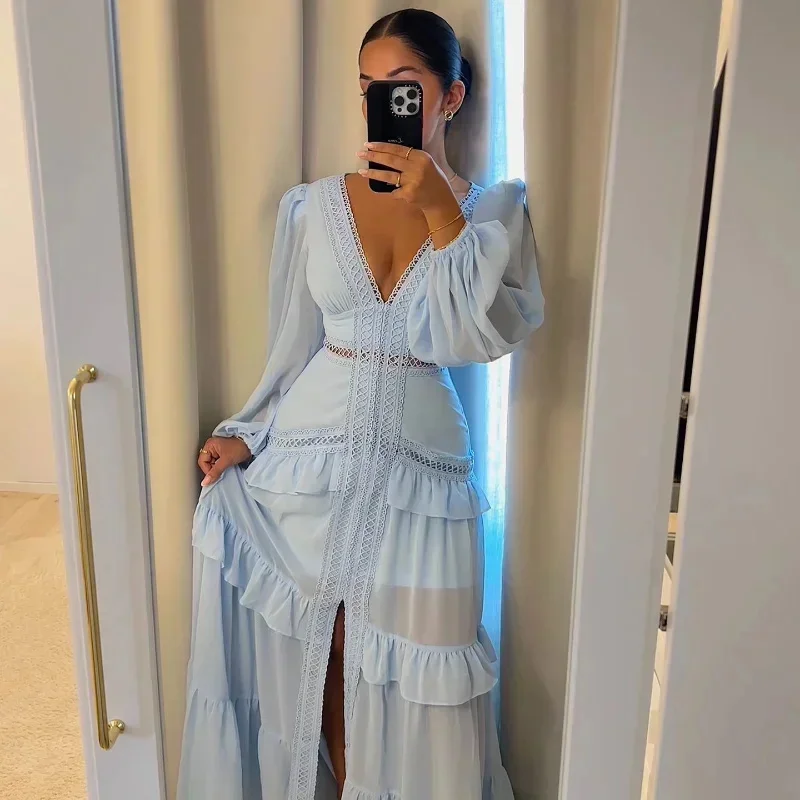 Elegant Hollow Lace Slim Maxi Dresses Patchwork Ruffle Deep V Neck Lantern Sleeves Long Dress Fashion 2024 Evening Party Robes