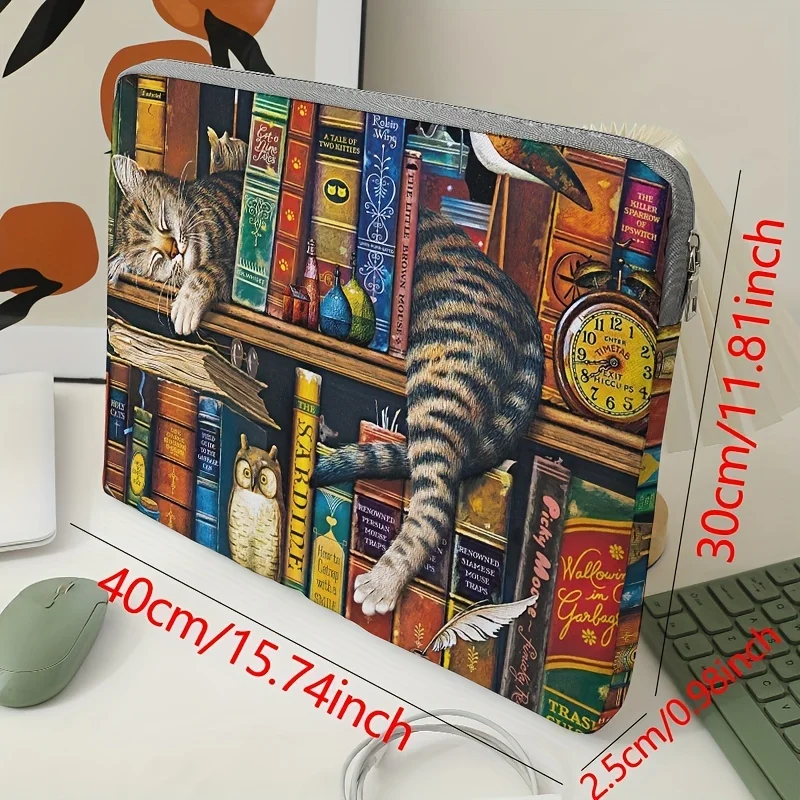 1, Laptoptasche mit Katzen- und Bücherregalmuster, Aktentasche, geeignet für 15-Zoll-Laptops, feste Laptoptasche (ohne Handgerät) – Detail 2