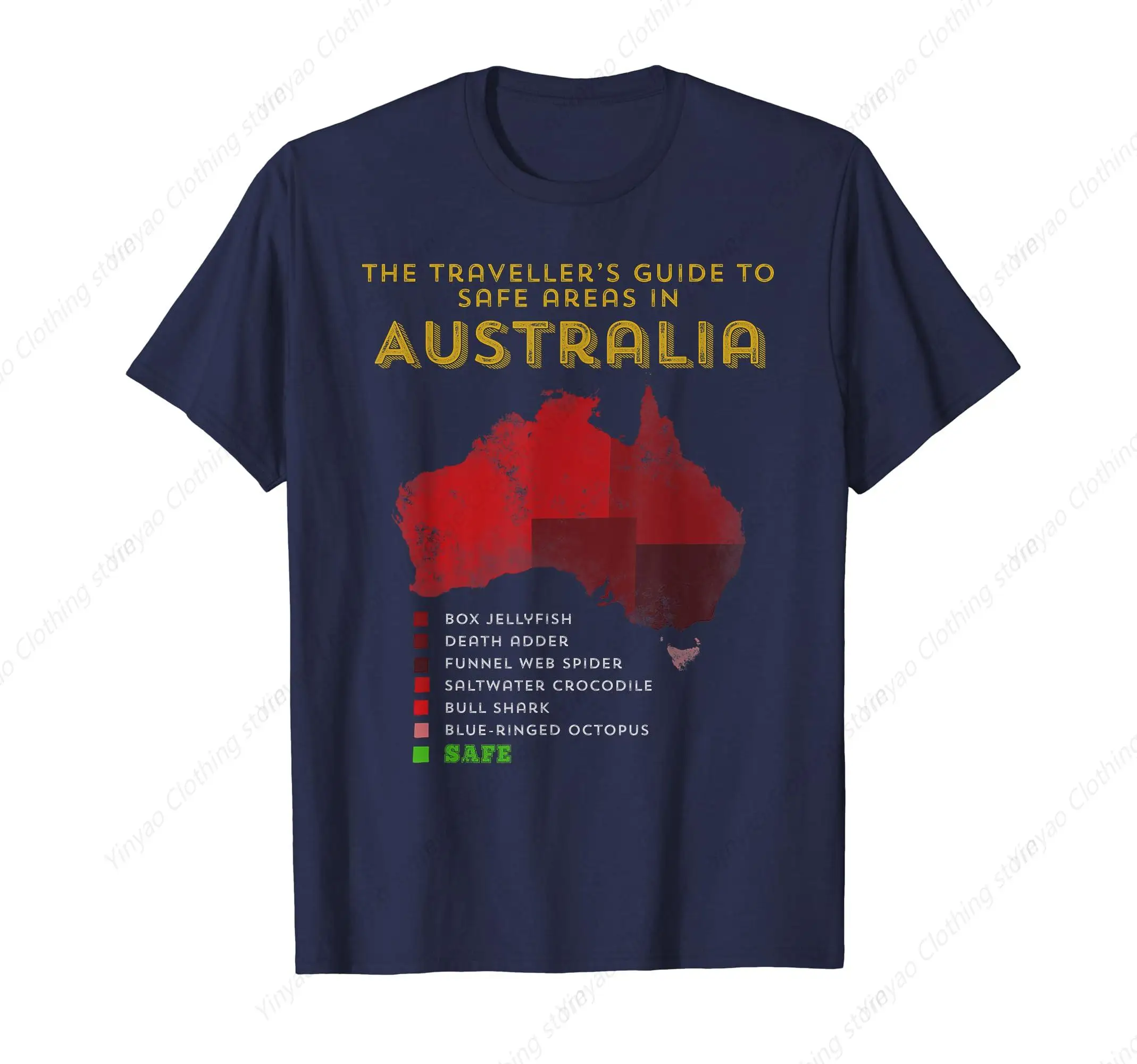 Australian Safe Zone Travel Guide Printed T-shirt Cool Fashion Cotton Shirt Hidden Blue Short Sleeve