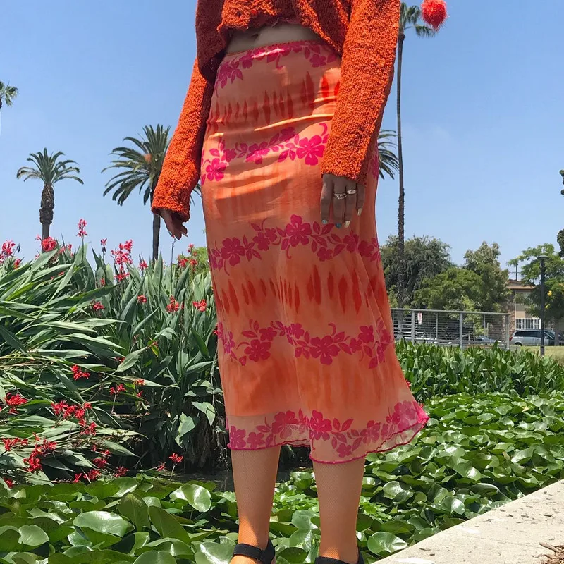 

WPNAKS Women Skirt with Floral Print Bright Colors Bohemian Style Casual Summer Beach Clothing Steetwear