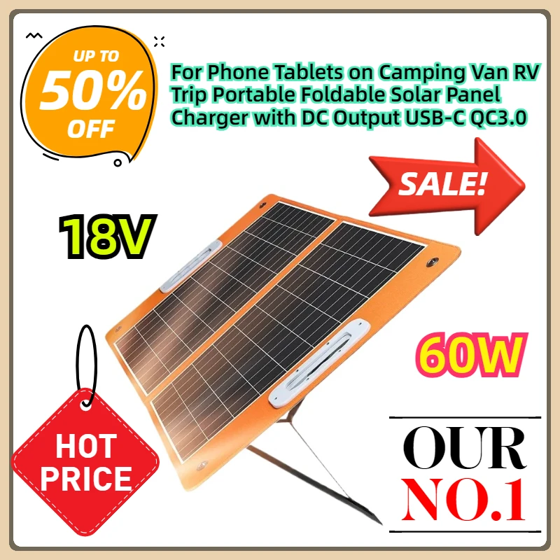 

For Phone Tablets on Camping Van RV Trip Portable Foldable Solar Panel Charger with DC Output USB-C QC3.0 18V 60W