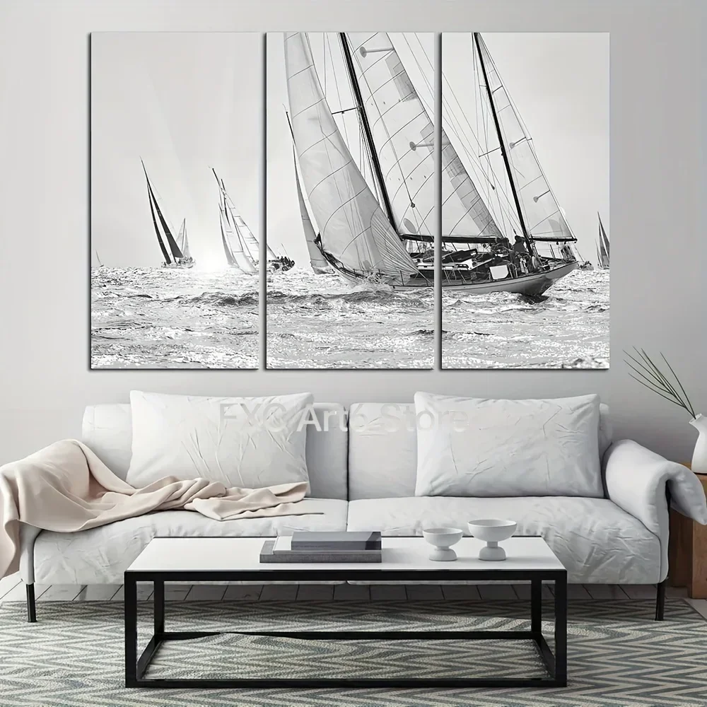 3PCS frameless  Modern Black and White Sailboat Seascape Canvas Art Prints, Nautical Themed Wall Posters for Living Room, Bedroo