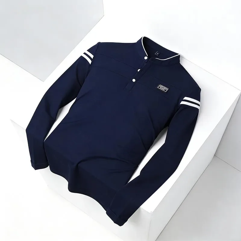 Durable Navy Mandarin Collar Polo Shirt Long Sleeve Wrinkle-Resistant Business Work Shirt
