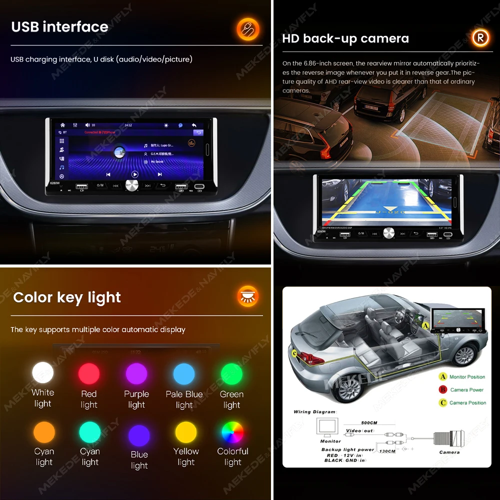 Navifly 1din Radio Wireless Carplay Android Auto GPS Navigation Stereo 6.9 Inch IPS HD Screen Car MP5 Player TF USB Rear Camera