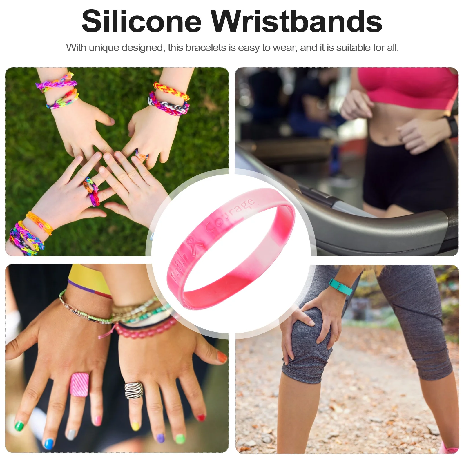 

10Pcs Silicone Wristbands Stylish Smooth Shiny Design Elegant Simple Bangle for All Women Breast Cancer Awareness Pink Ribbon
