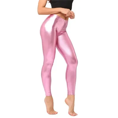 Ladies Silver Metallic Shiny Laser Leather Leggings Women Candy Color Dancing Party Pant Sexy Night Club Skinny Costume Pants Ti