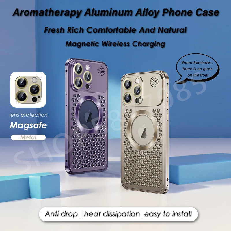 Metal Heat Dissipation Phone Case For iPhone 15 14 13 Pro Max Magsafe Magnetic Camera Lens Film Aromatherapy Removable Cover