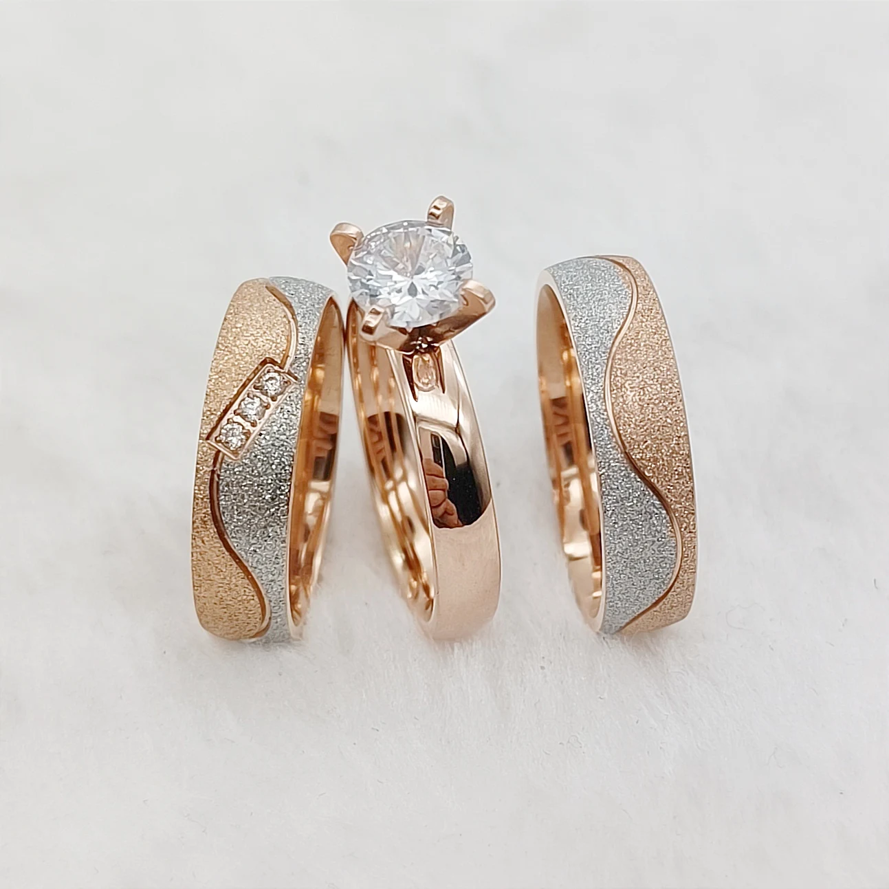 Anillos de Compromiso de compromiso para parejas, conjunto de joyas chapadas en oro rosa de 18k, propuesta de 3 piezas