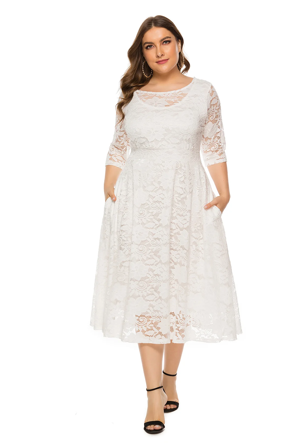 Plus Size Women\'s Dresses Autumn New Arrivals Lace Round Neck Three-quarter Sleeve Dress Fashion Casual Commuter Plus Size Dress