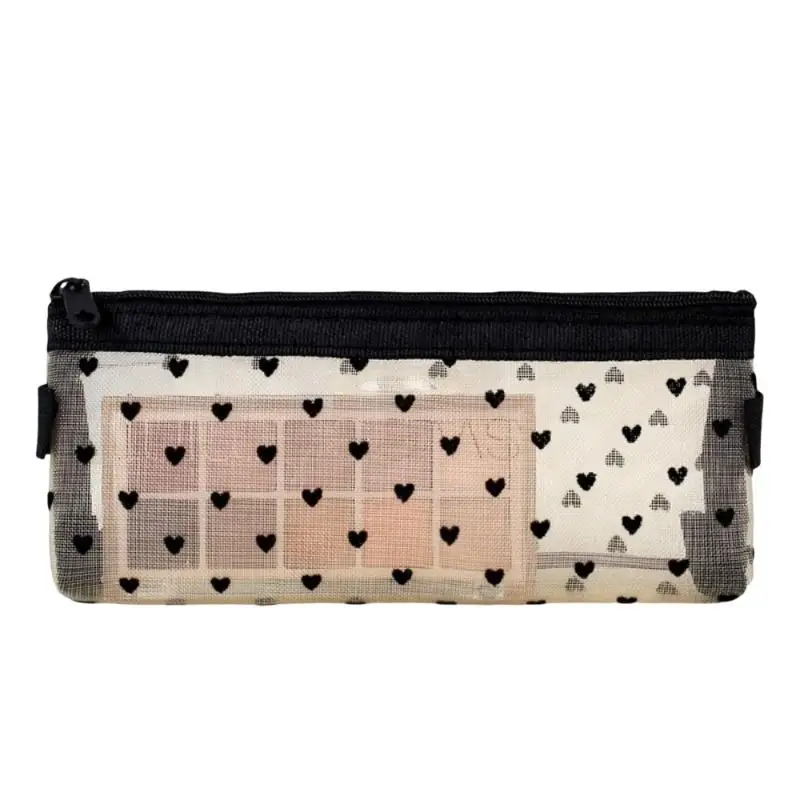 3Pcs Heart Print Mesh Makeup Brush Organizer Set Transparent Nylon Pouch Bag for Brush Cosmetic and Small Item Storage Travel