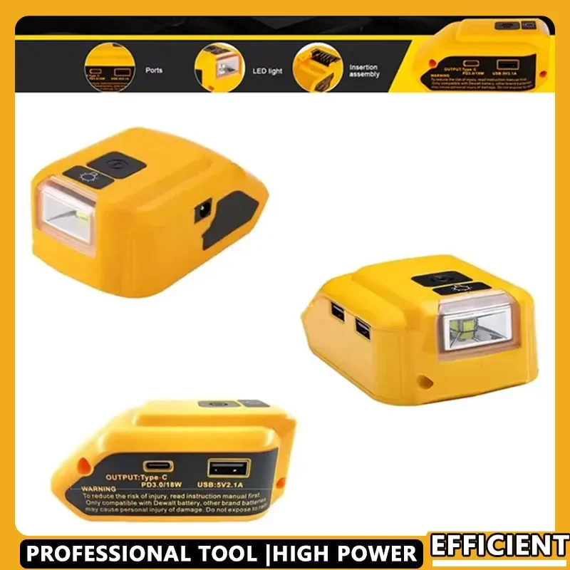 

Portable Power Converter USB Adapter 140lm LED Work Light for Dewalt 18V 20V Li-ion Battery USB Type-C DC 12V