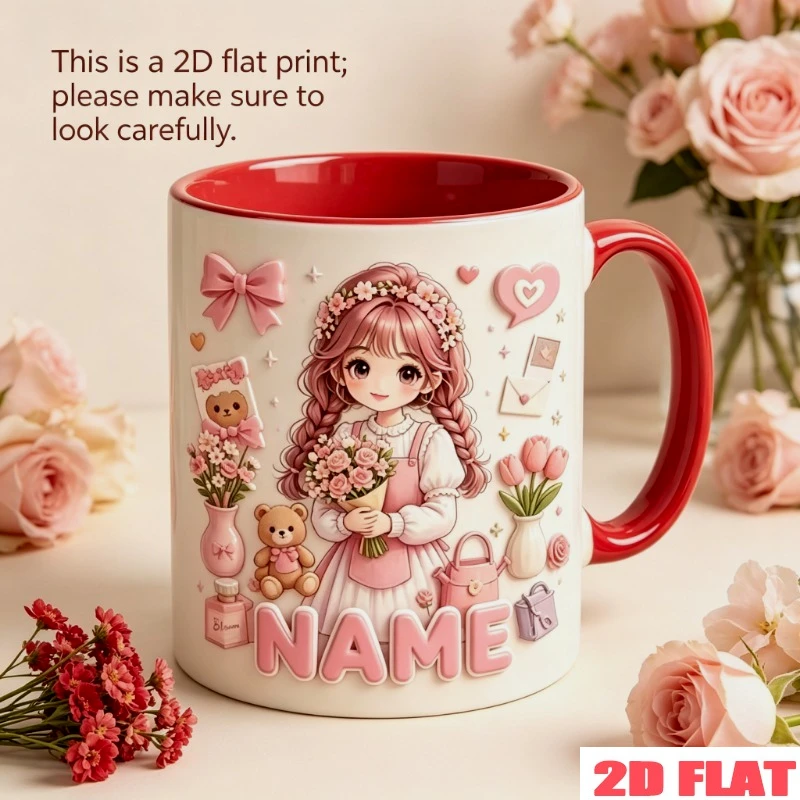 Custom Floral Girl Coffee Mug 11oz 2D Printing Personalized Name Text Bow Teddy Bear Perfume Flower Print Microwave Safe Gift