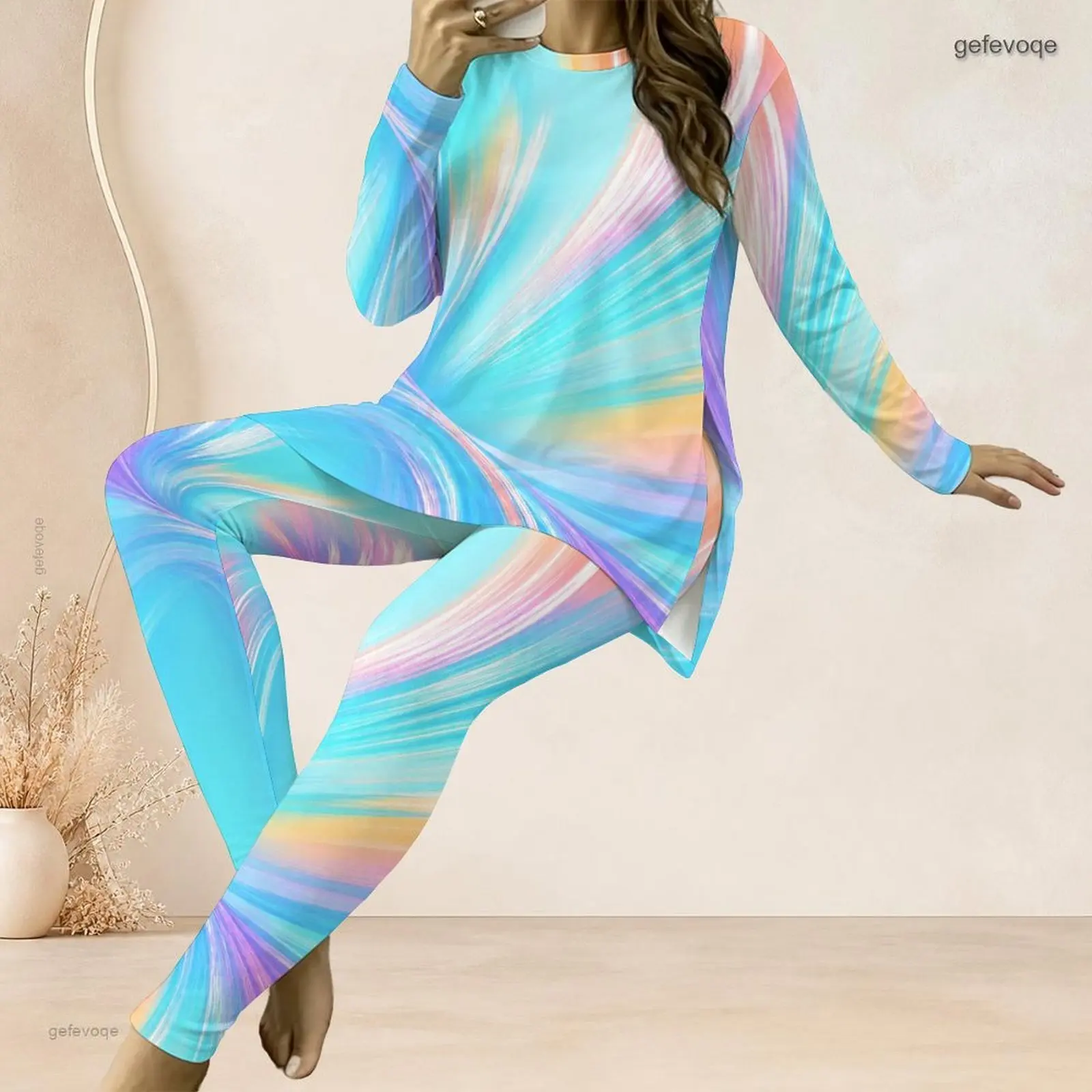 Women Swirling Pastel Gradient Printed Round Neck Long Sleeve Longline Top and Fitted Pants Two Piece Set