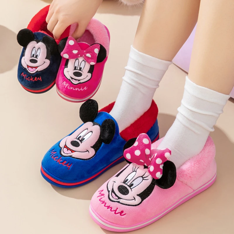 Disney Mickey Mouse Children\'s Cotton Slipper Winter Heels Boys Children Non Slip Plushes Slippers Indoor Home Warm Cotton Shoes