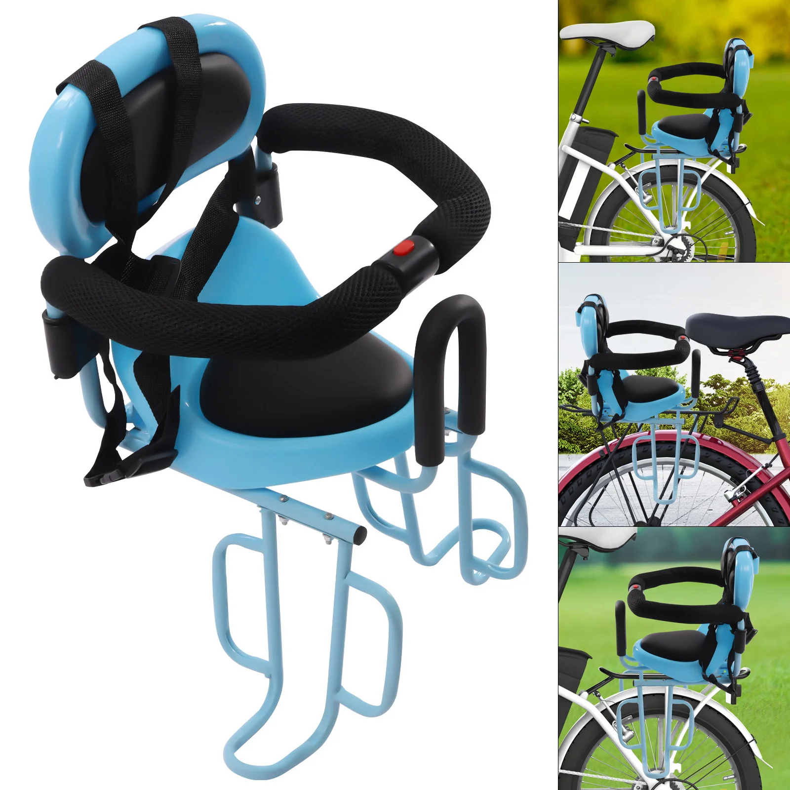 Safe Rear Child Bike Seat Kids Seats with Safety Belt Seat Cushion Attachment to Bike for Children 6 Months -6 Years Blue/Red