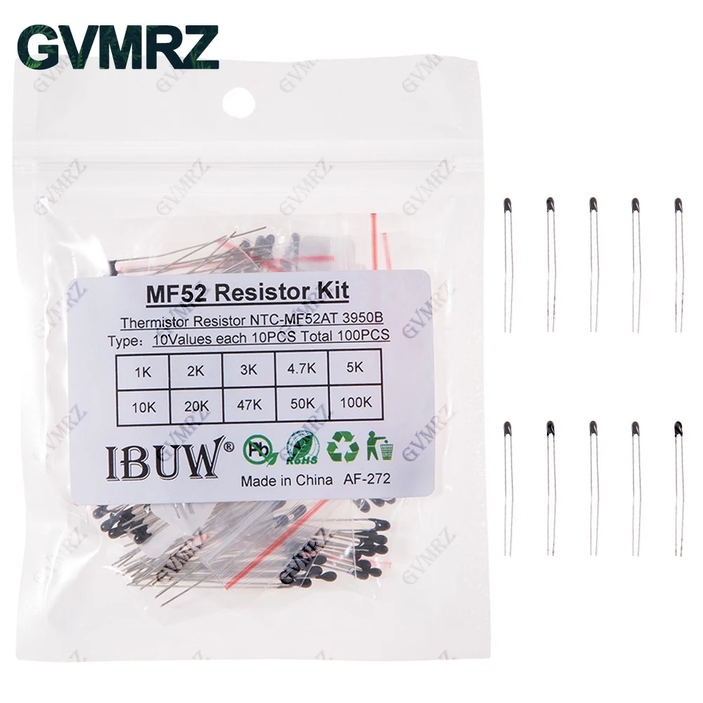 100PCS 10Values MF52 NTC Thermistor Kit 1K-100K 3950B for Temperature Sensing & Circuit Overheat Protection