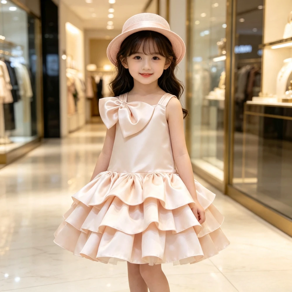 2026Children's Evening Dresses Kids Flower Girl Ribbon Bow Sleeveless Children First Birthday Dress Costume Kids Princess Formal