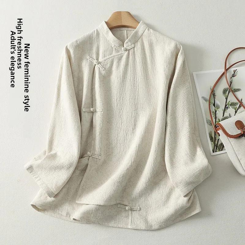 

Artistic Women's Cotton Linen Shirt with Button Design Loose Fit Floral Embroidery Retro Chinese Style for Commuting And Stag...