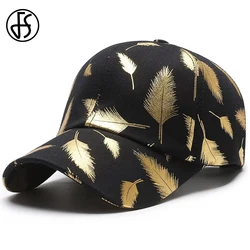 FS Luxury Black Golden Feather Print Baseball Cap For Men Casual Cotton Women Trucker Hat Street Hip Hop Caps Casquette Homme