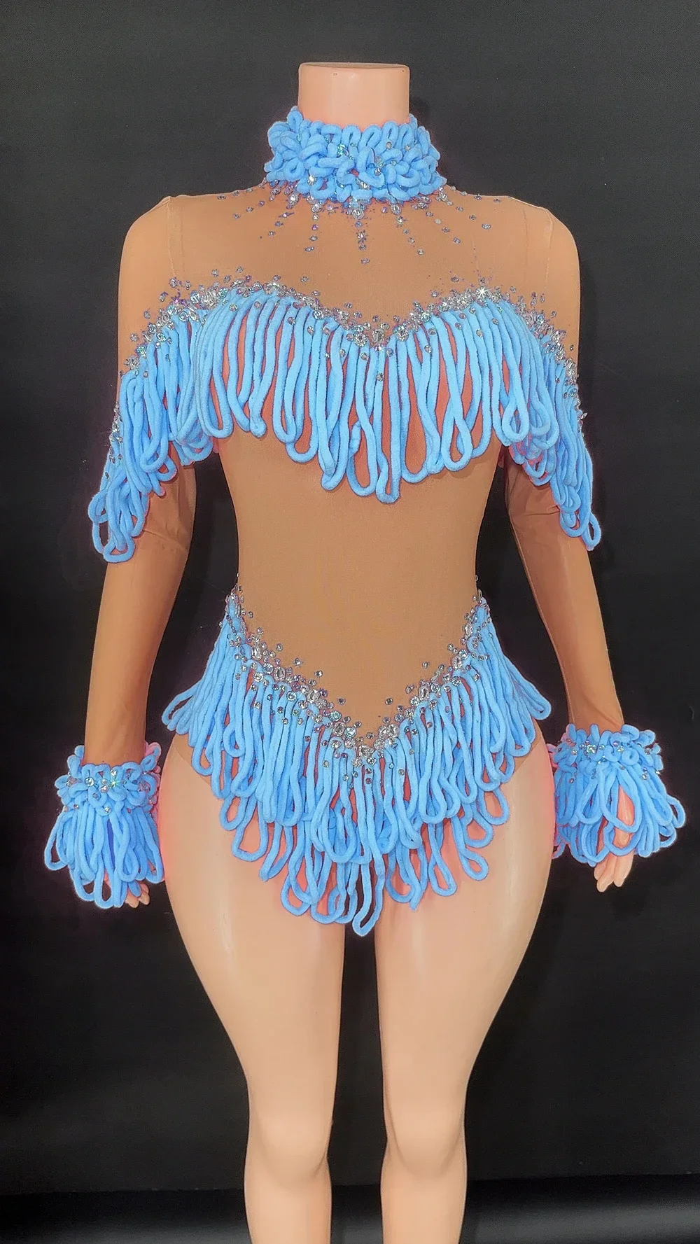 بدلة للجسم بشراشيب من حجر الراين اللامع للنساء، أكمام طويلة، شبكة مثيرة، شفافة، زي رقص الأداء، ملابس المسرح