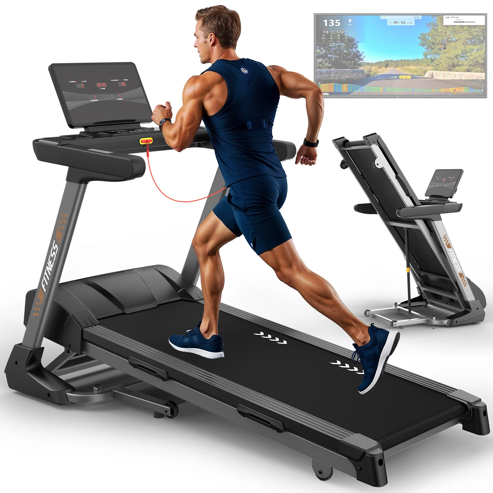 Tapis roulant pliable avec 18 niveaux d'inclinaison automatique, vitesse maximale de 18 km/h, moteur de 4,5 CV, capacité de charge de 150 kg, course à pied à domicile