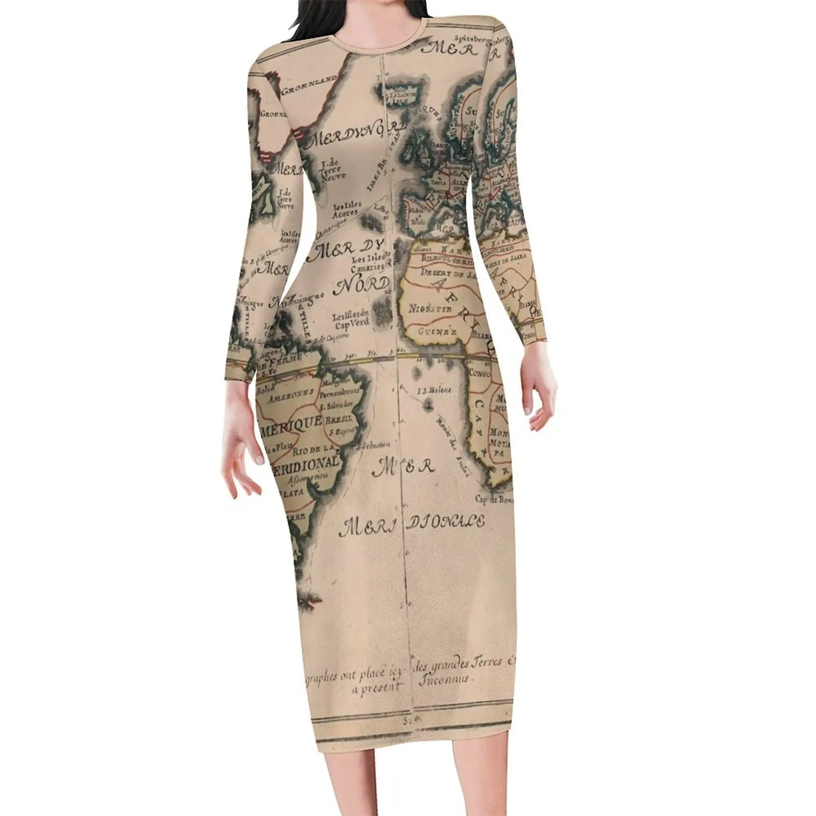 Old World Map 1714 Bodycon Dress Spring Country Map Kawaii Dresses Female Long Sleeve Graphic Fashion Dress Big Size 4XL 5XL