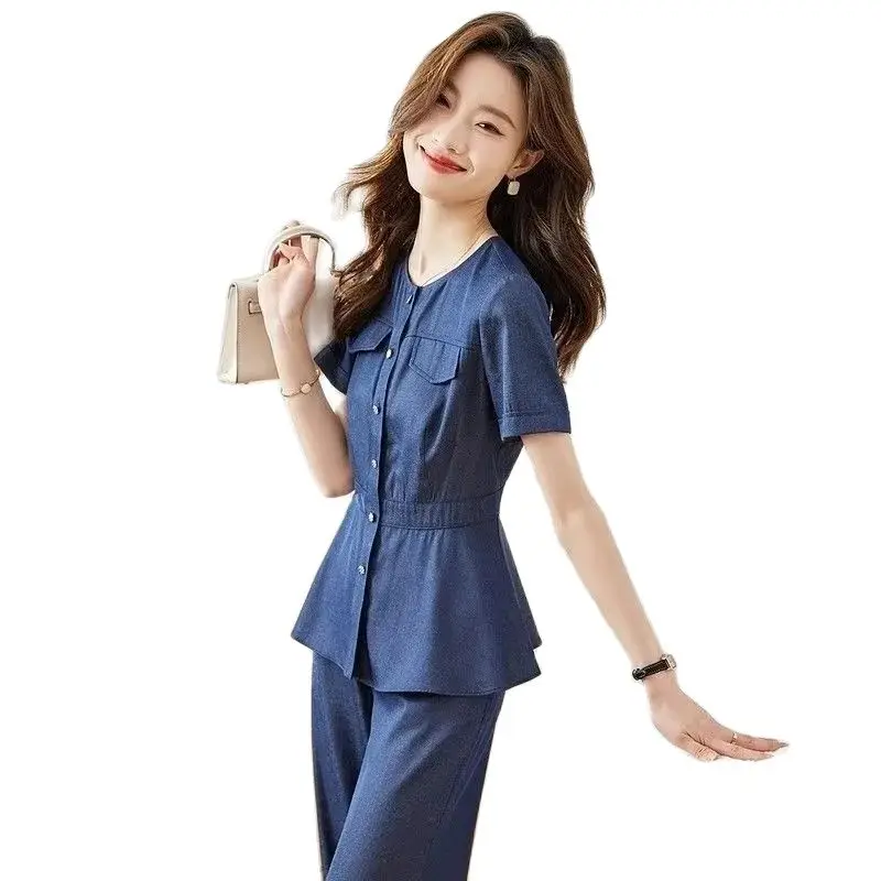 Summer New Temperament Jeans Sets Women Fashion Short Sleeve Cardigan Denim Shirts + Straight Pants 2-piece Suit Women Outfits