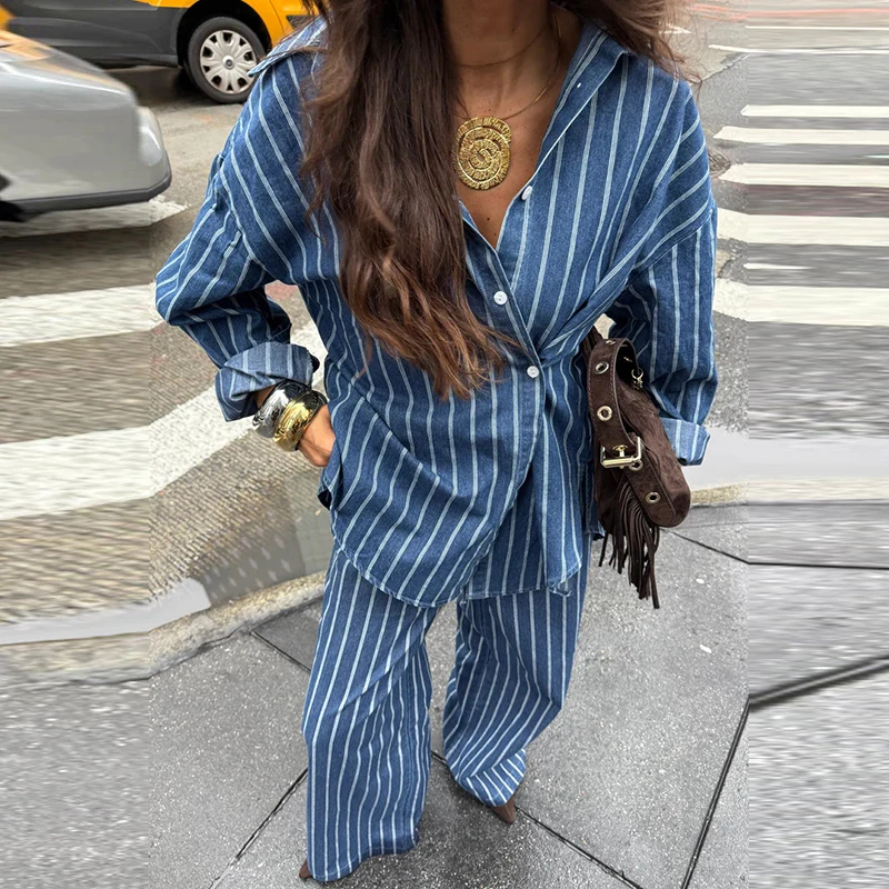 

Spring 2026 Striped Printed Denim Outfit Women's Lapel Button Up Shirt And Pants Suit New Fashion High Street Loose 2 Piece Set