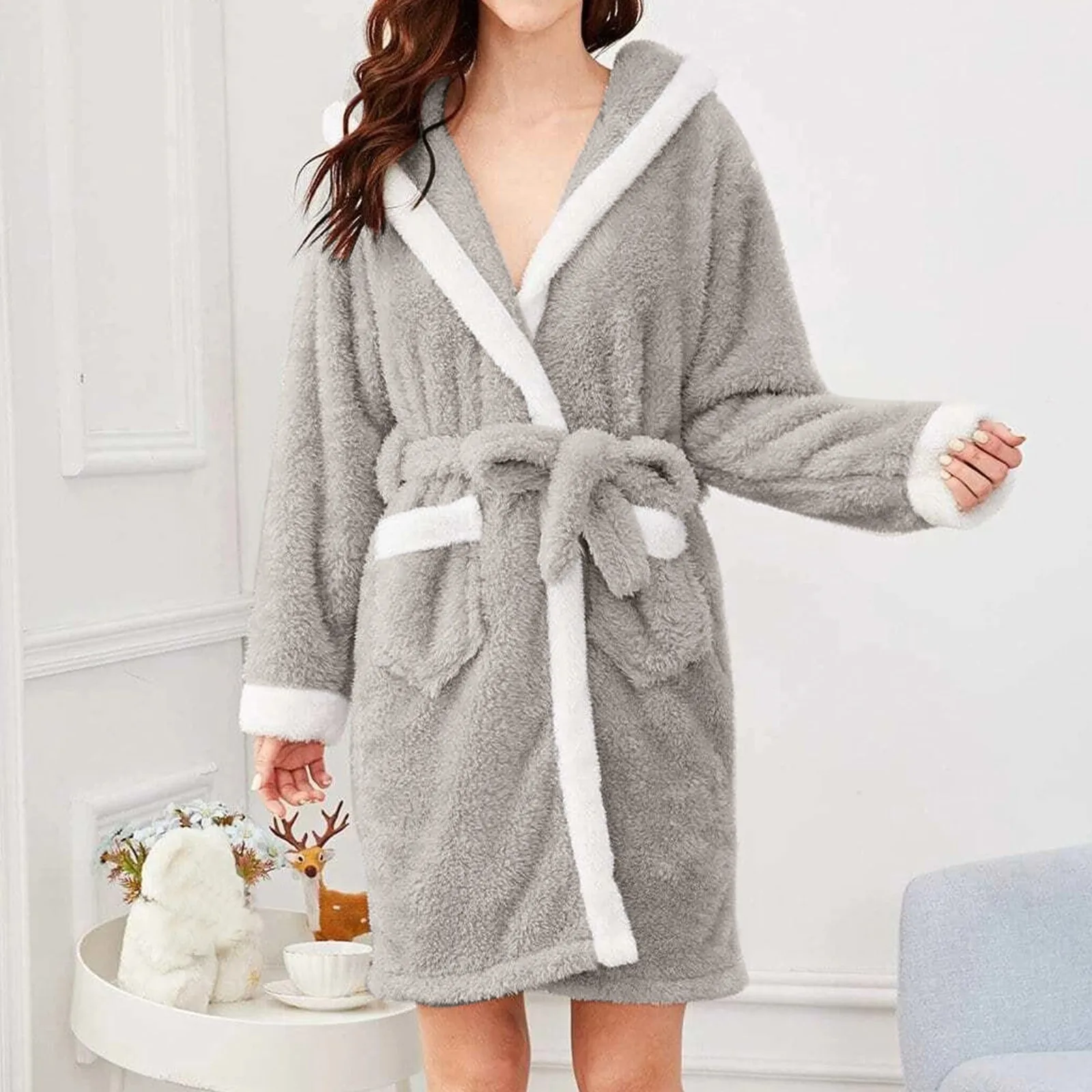 Cute Rabbit Bunny 3d Ear Hooded Robes Pajama Womens Winter Flannel Bathrobe Warm Bathrobe Pajamas With Pocket Casual Homewear