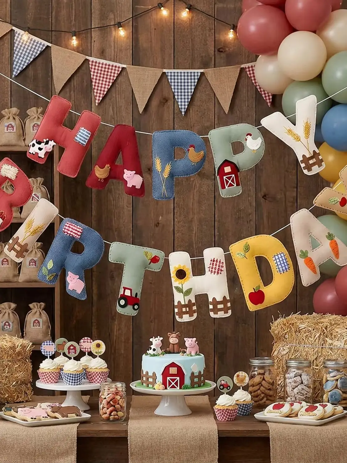 Rote Bauernhof-Tier-Themen 2D Filz Geburtstagsbanner Schwein Kuh Dorf Bauernhaus Girlande für Babyparty Dekorationen Jungen Mädchen – Detail 3