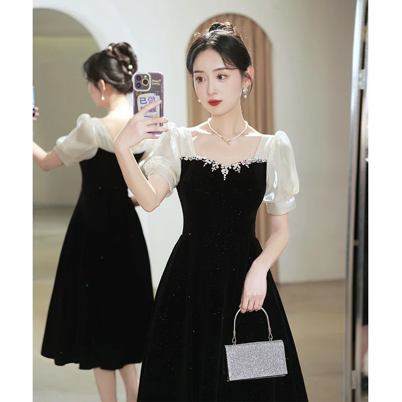 GIYSILE Abiti da sposa neri Abito da sposa a maniche corte per fidanzamento Abiti da sera con colletto quadrato Abiti da festa