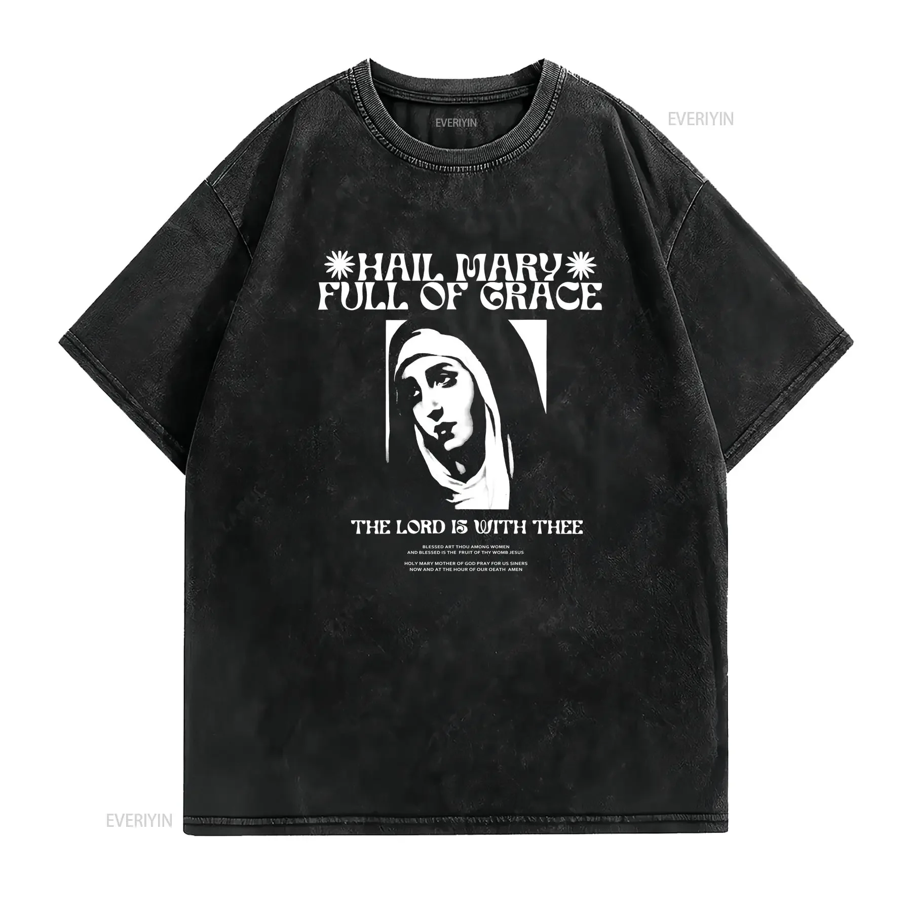 Hail Mary Full of Grace crew neck t shirt Virgin Blessed Mother Catholic Christian Saintwave vintage Washed Stylish homme