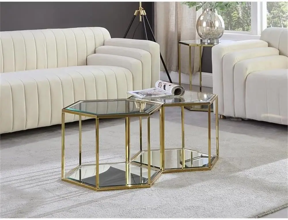 Sei Collection Modern | Contemporary Glass Top/Stainless Steel Modular Coffee Table With Mirrored Base, 2 Piece, Brushed Gold