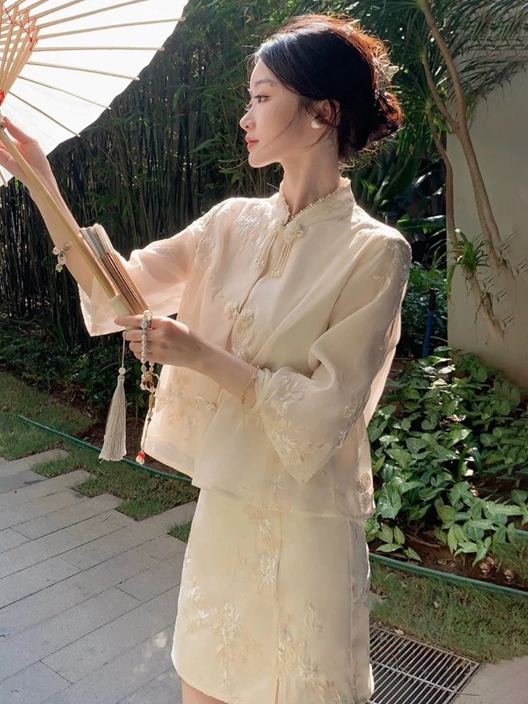 

New Chinese Style Embroidered Button up Shirt And Short Skirt Set Women's Fashion Spring Summer Two-Piece Suit Fairy Tale Look