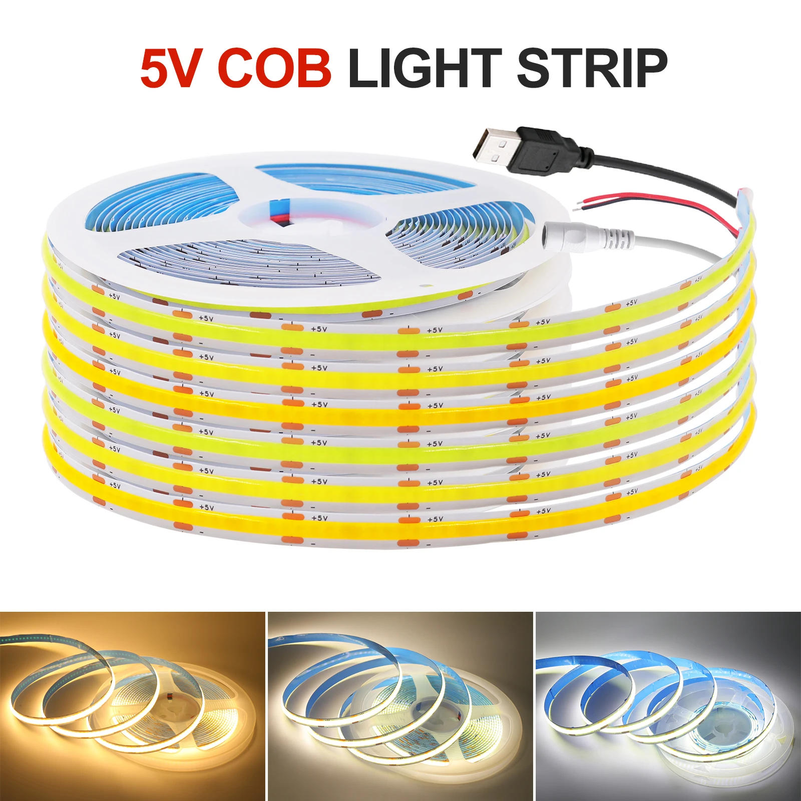 DC 5V USB COB Led Strip 320Leds/M Szerokość 8MM Elastyczna wstążka Lampka nocna Podświetlenie telewizora Paski świetlne do dekoracji sypialni Oświetlenie domu