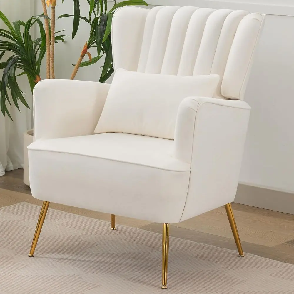 Fauteuil à oreilles blanc moderne du milieu du siècle, avec oreiller et pieds dorés, coussin de 8.5 