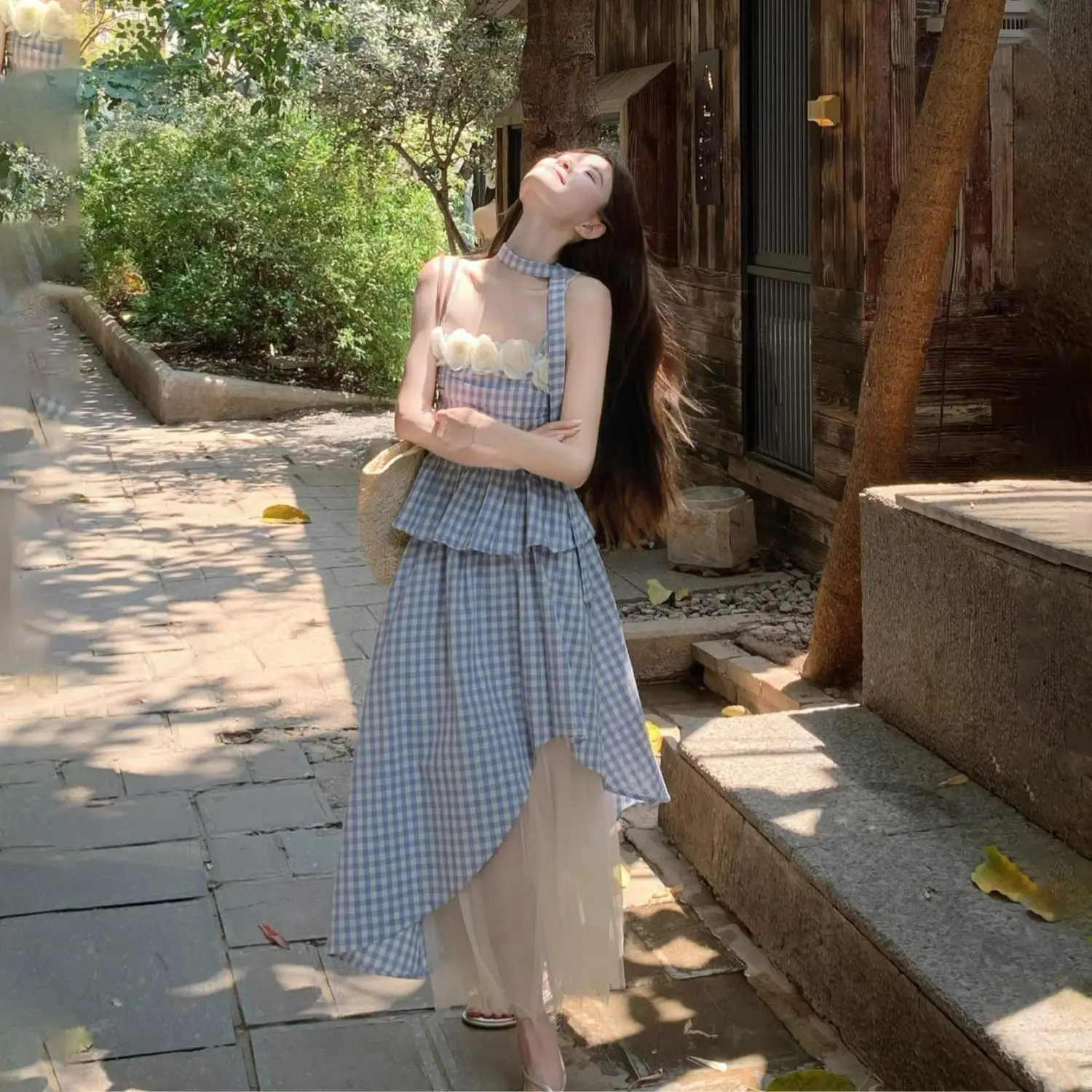 Sweet Harajuku Y2k 3D Flower Tank Top Irregular Patchwork Long Skirt Women 2 Pieces Set Plaid Dress Suit Holiday Vacation Sets